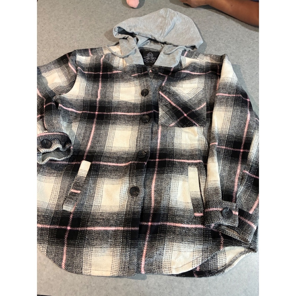 Louise Paris Hooded Plaid Shacket Large Black White Pink